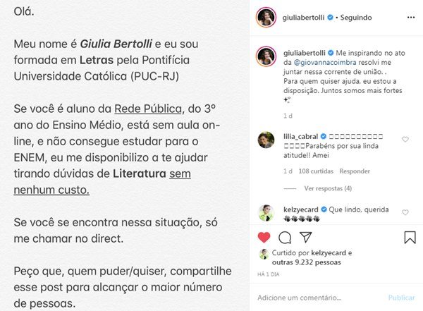 Giullia Bertolli oferece ajuda para Enem no Instagram