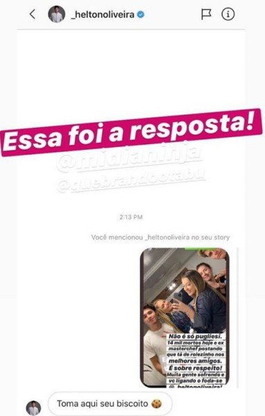 Print de conversa entre Helton e Irina do MasterChef