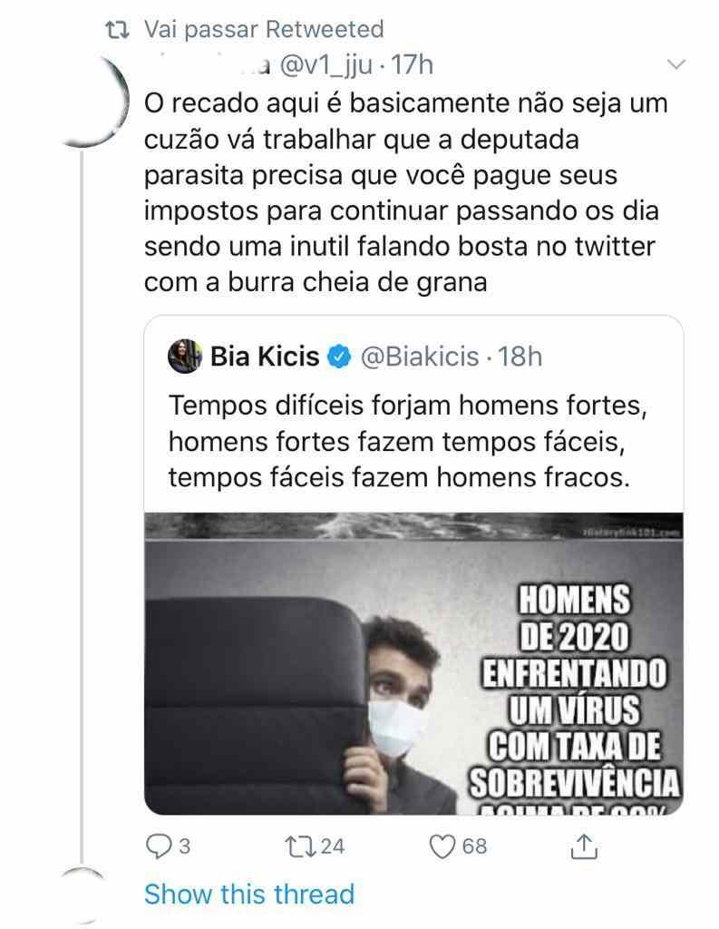 Reação ao tweet da deputada Bia Kicis (sem partido)