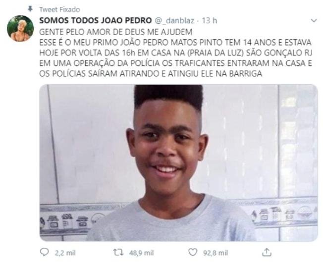 João Pedro, 14 anos, baleado durante operação policial no Rio de Janeiro