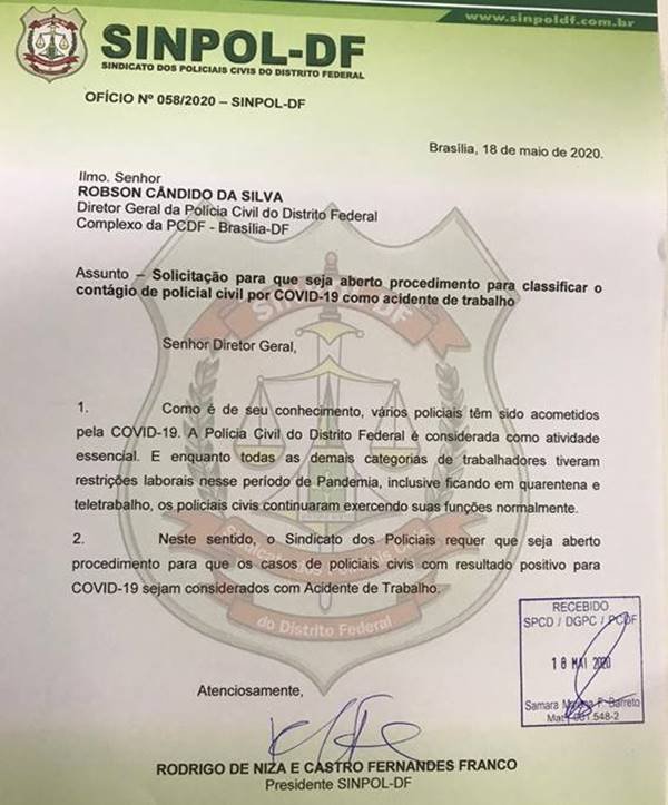 Ofício destinado ao diretor-geral da PCDF