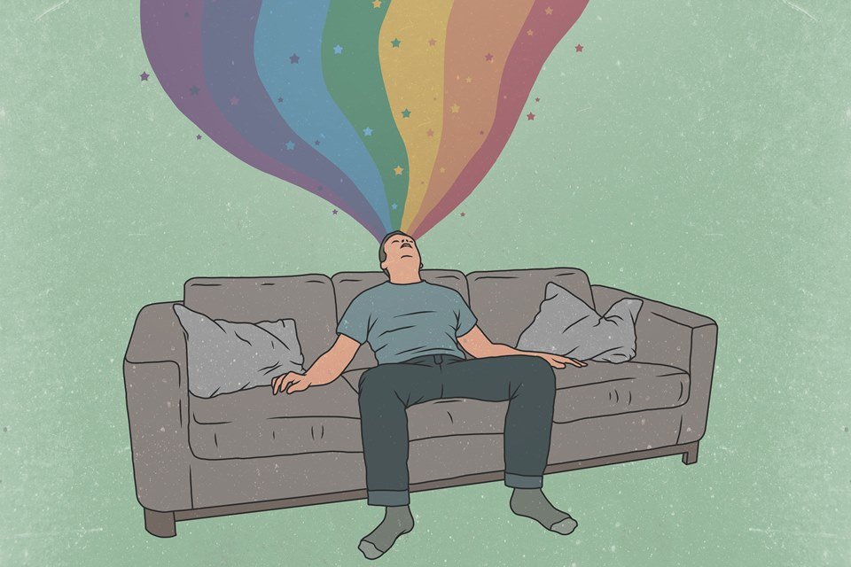 ilustração de pessoa sentada no sofá sonhando