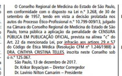 médica foi penalizada por conselho de medicina