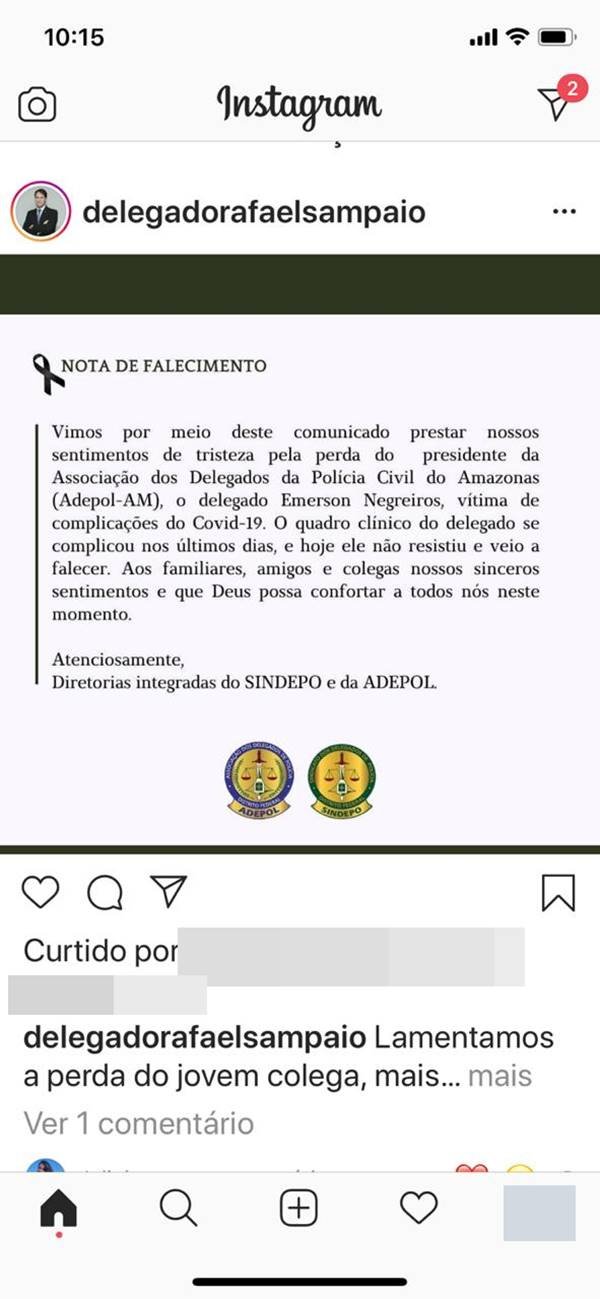 O presidente da Associação Nacional dos Delegados de Polícia Judiciária (ADPJ) lamenta óbito de Emerson Negreiros