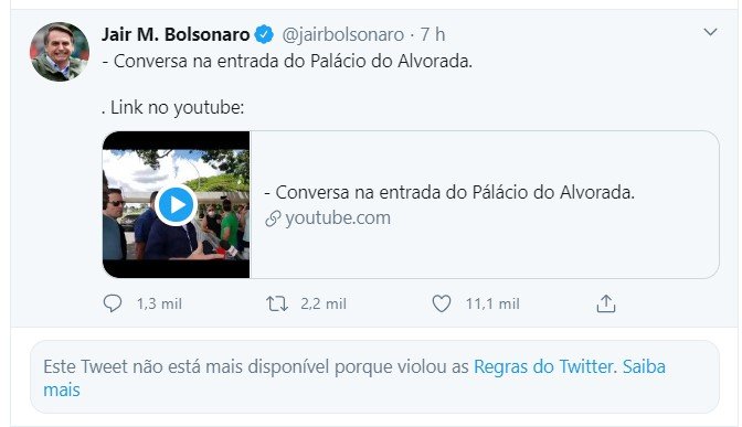 Twitter apaga post de Bolsonaro