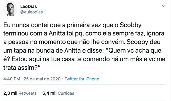 Tweet de Leo Dias sobre Scooby e Anitta