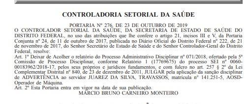 Servidor já respondeu a sindicância na Secretaria de Saúde por desobediência