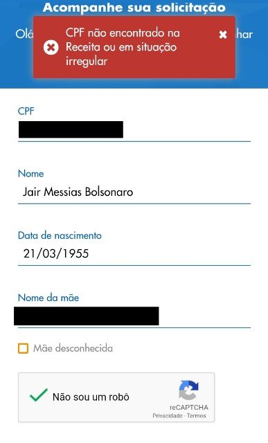 Aplicativo da Caixa diz que CPF de Bolsonaro não foi encontrado ou está em situação irregular