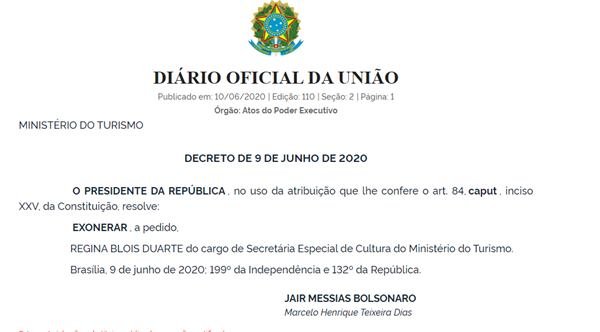 Ato de exoneração de Regina Duarte publicado no Diário Oficial da União desta quarta