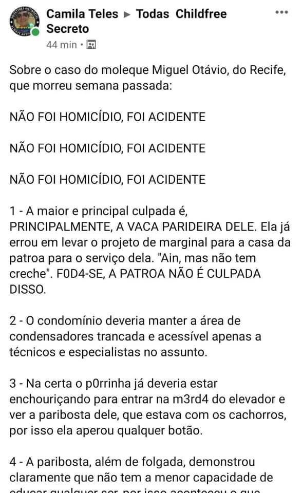 Post em rede social ligado ao movimento childfree