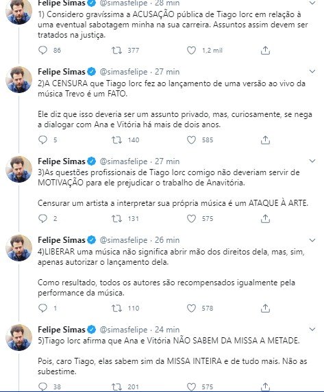 post no twitter de felipe simas