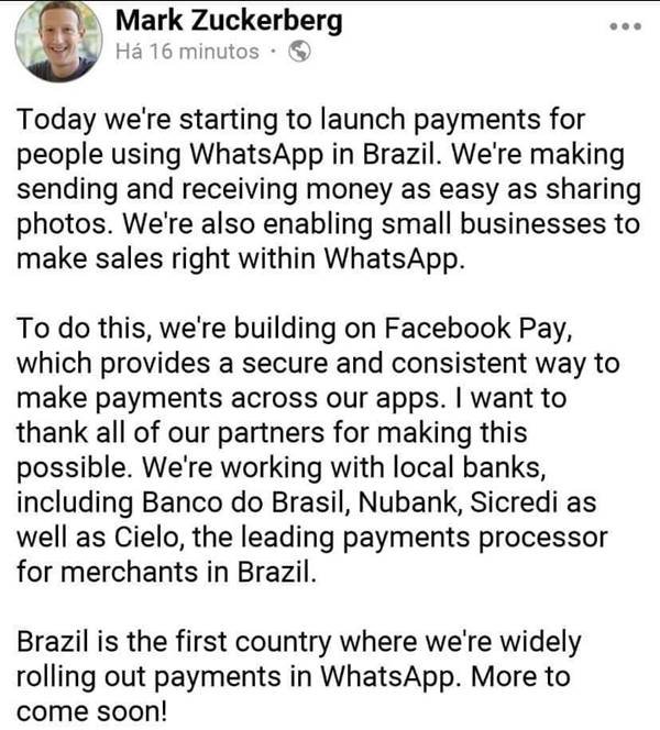Whatsapp pagamentos