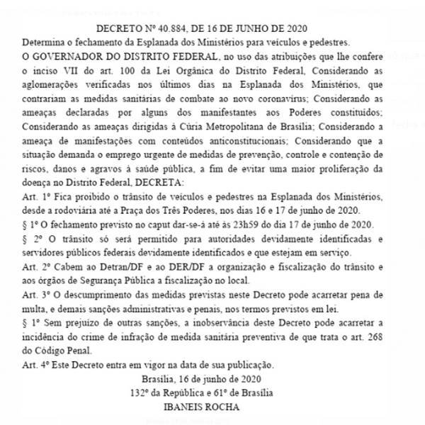 Decreto publicado no Diário Oficial do DF com o fechamento da Esplanada por dois dias