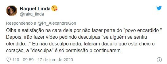 Tweet sobre fala racista de pastor