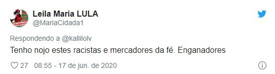 Tweet sobre fala racista de pastor