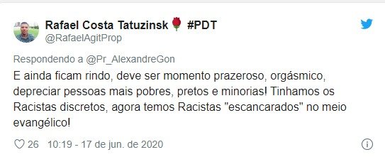 Tweet sobre fala racista de pastor