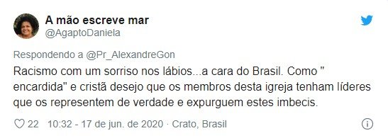 Tweet sobre fala racista de pastor