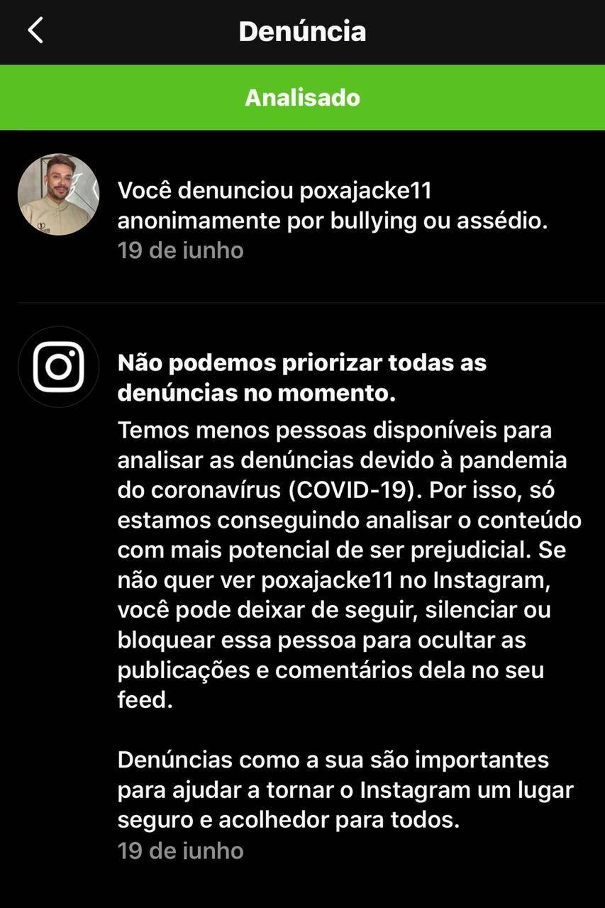 Resposta do Instagram sobre denúncia de homofobia