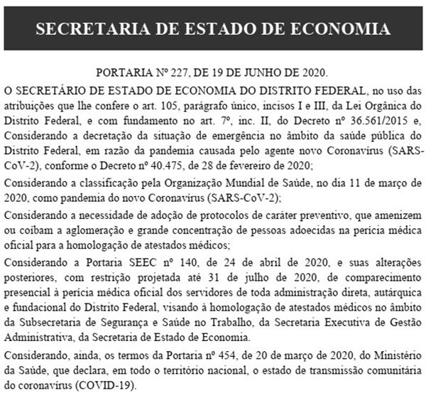 GDF exame e atestado liberam servidor assintomático com Covid19