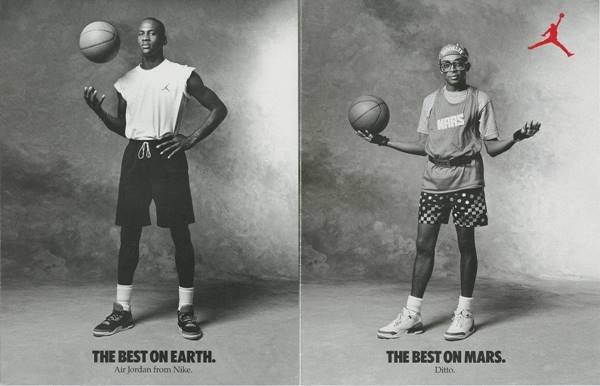 Michael Jordan e Spike Lee em posters da Nike para os tênis Air Jordan