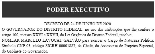 Nomeação de Marcelo Galvão ao cargo de assessor de projetos especiais