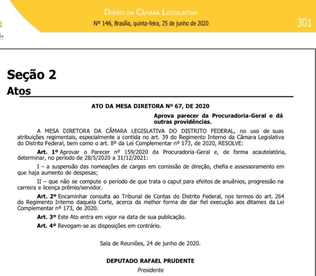 Ato da Mesa Diretora da CLDF suspende nomeações e aumento despesas com pessoal