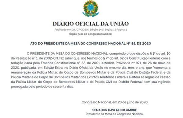 Medida Provisória que estabelece reajuste salarial para policiais e bombeiros do DF é prorrogada por 60 dias