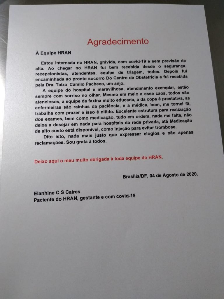 Gestante com Covid19 faz carta de agradecimento à equipe do Hran