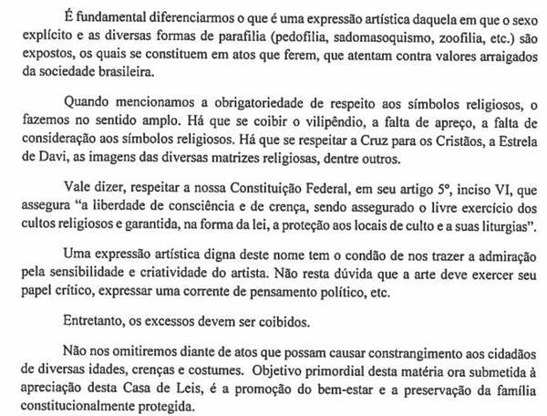 Trecho da justificativa sobre o PL que proíbe pornografia em exposições