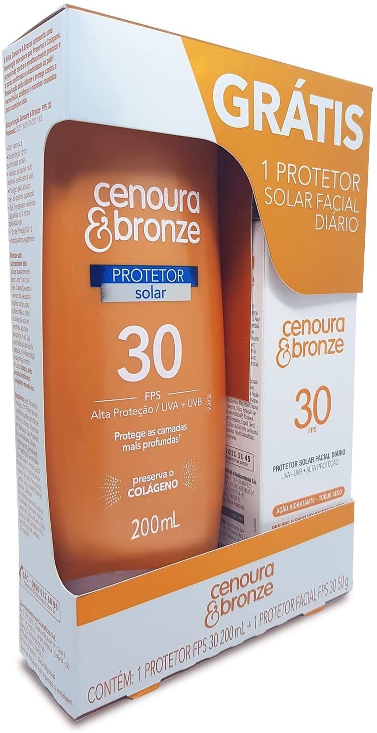 Kit protetor solar FPS30 + Protetor facial FPS30, Cenoura e Bronze