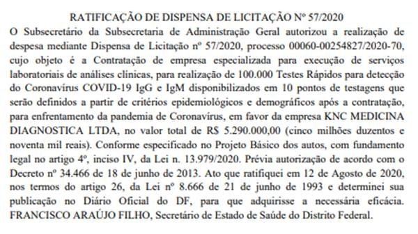 Aquisição com dispensa de licitação de 100 mil testes para o DF