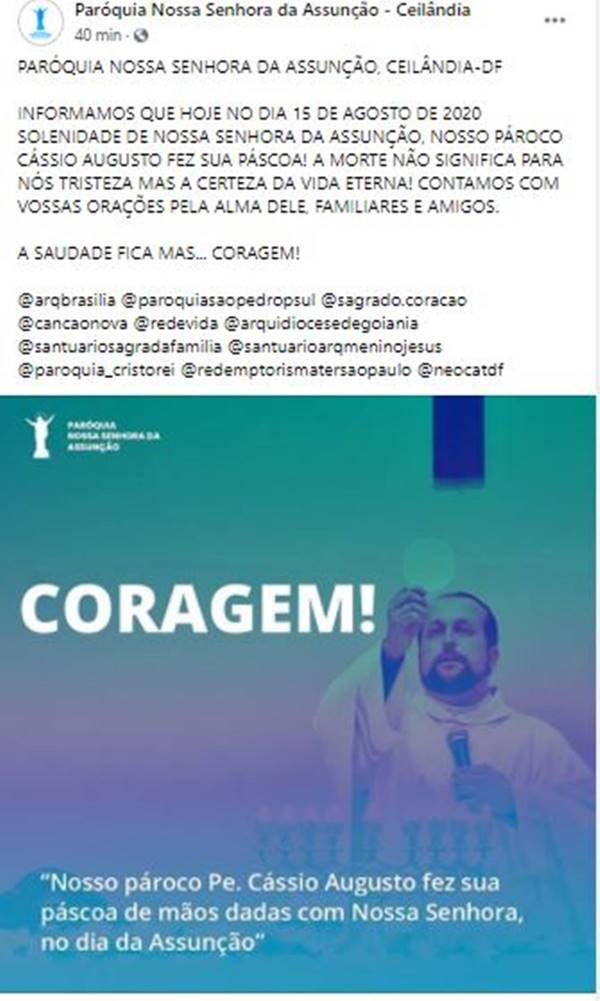 Paróquia Nossa Senhora da Assunção de Ceilândia comunica morte de padre Cássio Augusto