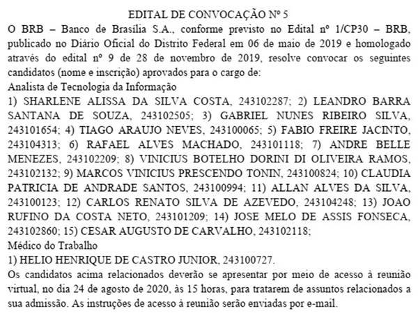 Lista de convocados para o cargo de analista de TI e médico do trabalho no BRB