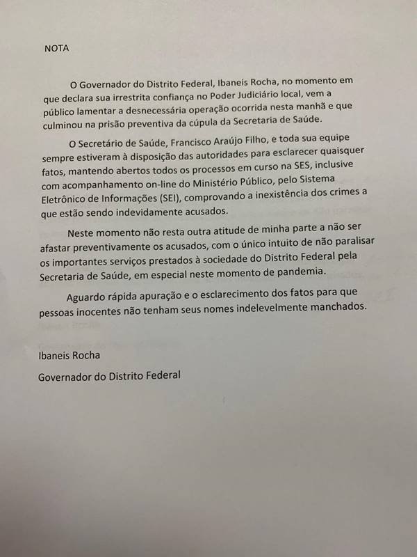Nota de Ibaneis sobre prisão de secretário de Saúde e integrantes da cúpula da pasta
