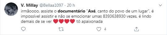 Tweets sobre o documentário Axé - Canto do Povo de Um Lugar