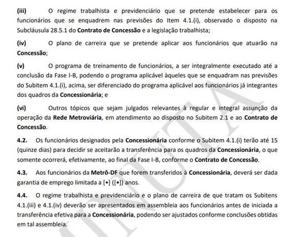 Condições de incorporação dos trabalhadores do Metrô-DF à concessionária