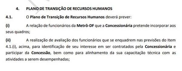 Trecho da minuta do contrato de concessão do Metrô-DF fala sobre possibilidade de incorporação de trabalhadores da estatal