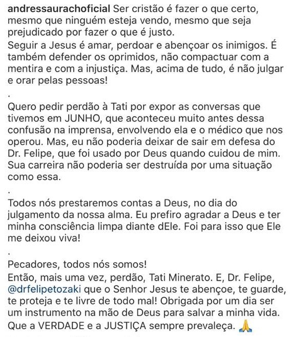 Andressa Urach pede desculpas a Tati Minerato