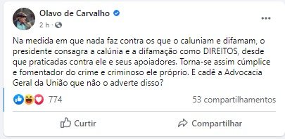 Olavo de Carvalho acusa Bolsonaro de ser mais desastrado que Ciro