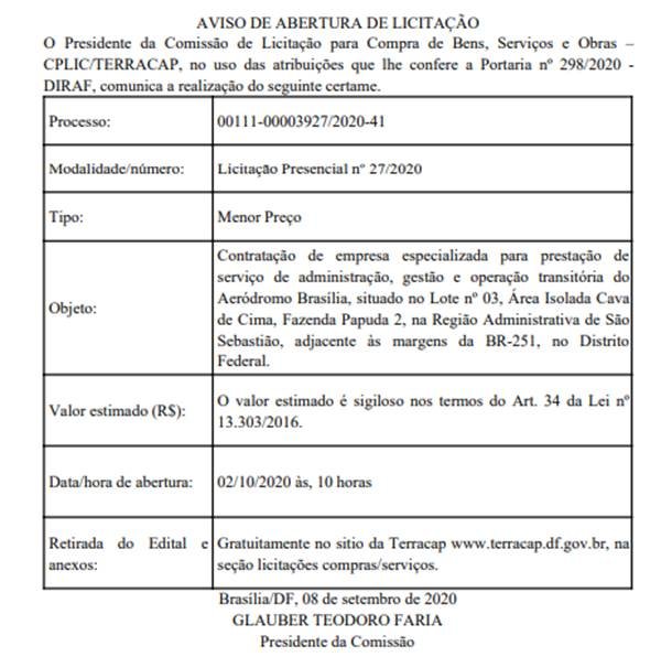 Licitação da Terracap para o Aeródromo Botelho