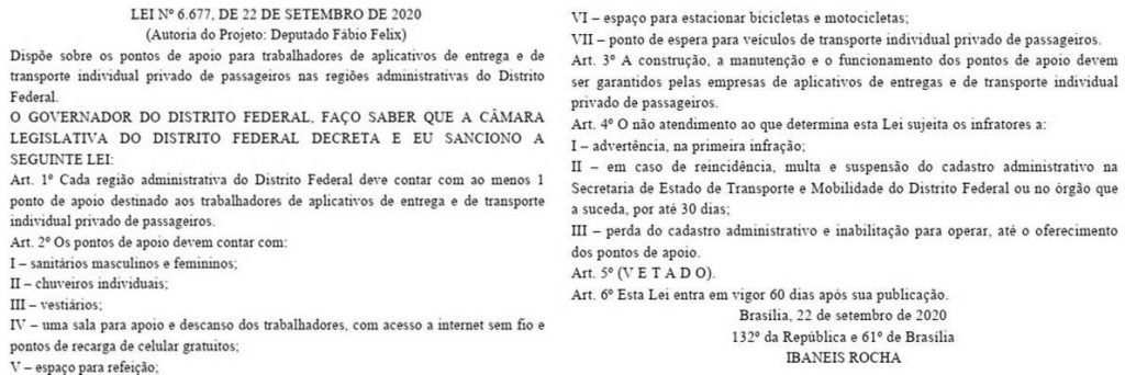 Publicação no DODF sobre implantação de pontos para trabalhadores de aplicativos