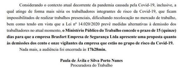 Trecho da ata de audiência no MPT com vigilantes e a Brasfort..