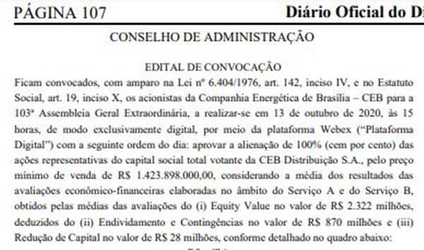 O Conselho de Administração da CEB convocou os acionistas para aprovação a alienação de 100% das ações da CEB Distribuição