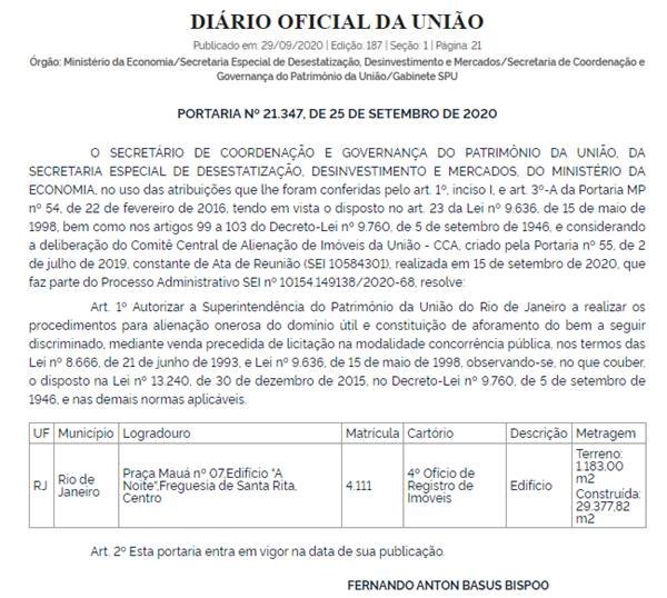 Publicação da venda do edifício A Noite no DOU