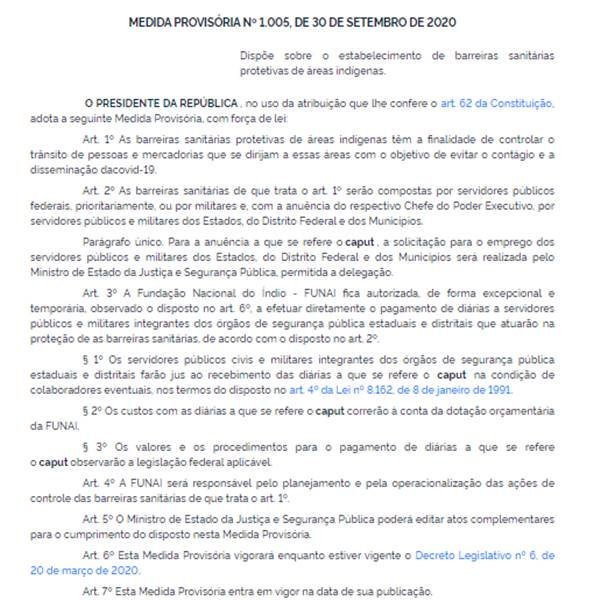 MP de barreiras sanitárias para comunidades indígenas