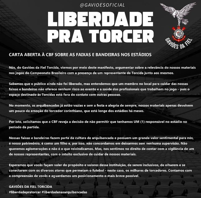 Carta aberta torcida do Corinthians contra CBF