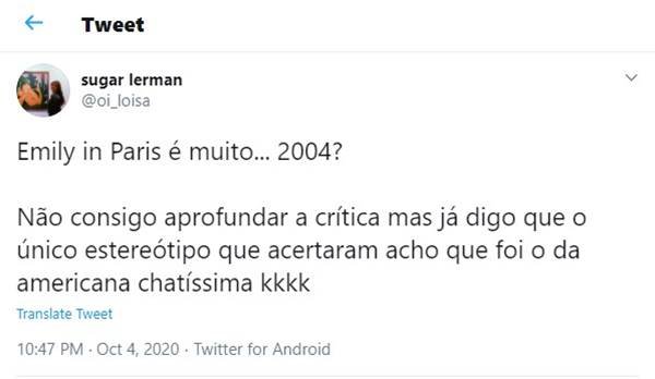 Comentário no Twitter sobre a série Emily in Paris, da Netflix