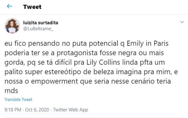 Comentário no Twitter sobre a série Emily in Paris, da Netflix