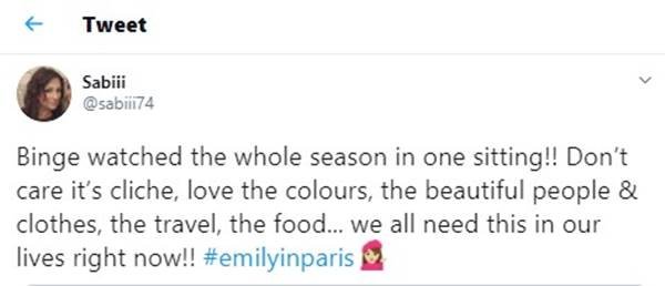 Comentário no Twitter sobre a série Emily in Paris, da Netflix