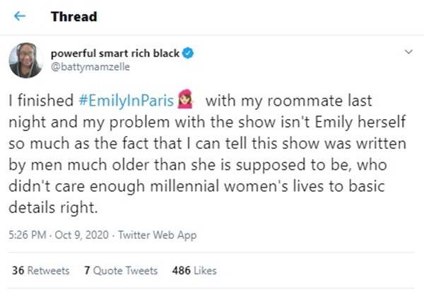 Comentário no Twitter sobre a série Emily in Paris, da Netflix